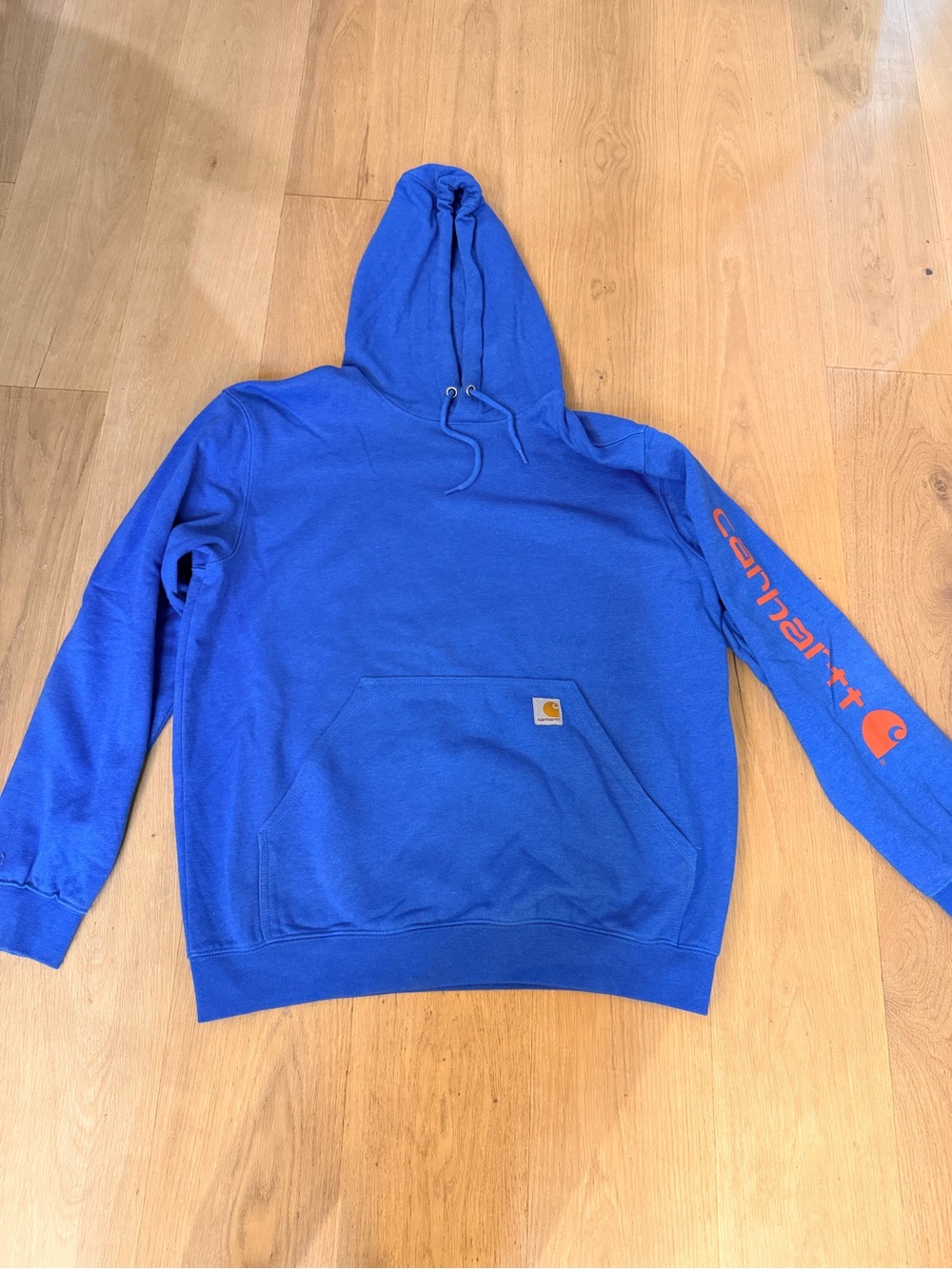Carhartt Men’s Bright Blue Hoodie with Orange Logo Sleeve